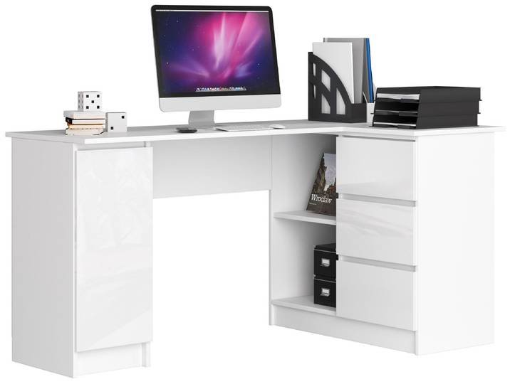 Bureau d'angle AKORD B20 blanc brillant 155 cm avec 3 tiroirs et 4 étagères