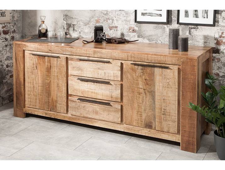 Massives Sideboard IRON CRAFT 175cm Mangoholz Kommode mit Schubladen Handarbeit Natur Industrie & Loft