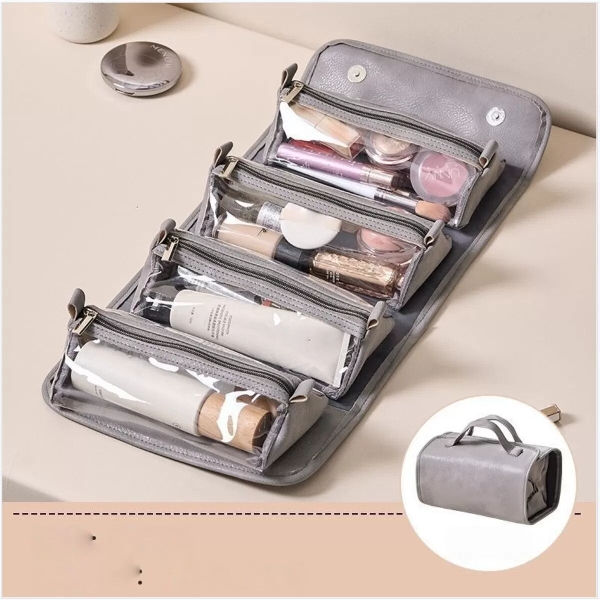 INF Abnehmbare 4-in-1 Kosmetiktasche mit großem Fassungsvermögen – Kosmetik-Organizer aus PU-Leder Grau