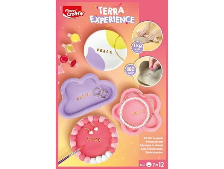 MAPED CREATIV - Terra Experience Pottery Kit - Activité Créative DIY pour Enfants pour Créer et Personnaliser des Coupelles en Argile - Avec Tampons\, Outils et Guides Pas-à-Pas - Dès 7 Ans