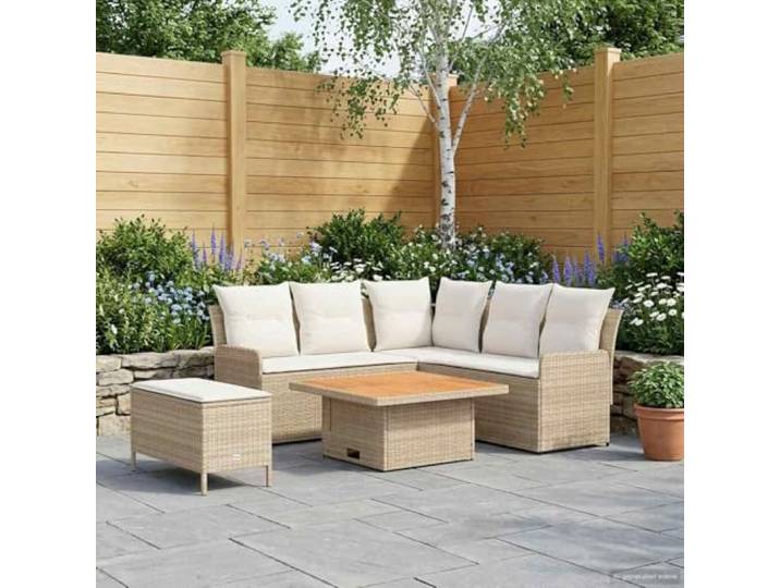 KTHLBRH Sofa-Set aus PE-Rattan, 5-teilig, Beige und Creme Mit Kissen, aus massivem Akazienholz, für Innen- und Außenbereiche, Terrasse und Wohnzimmer