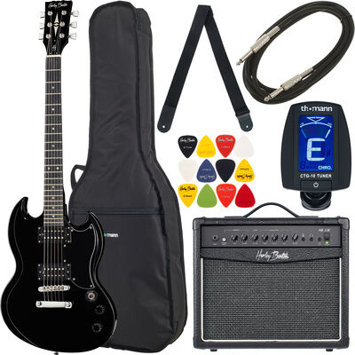 Harley Benton DC-200 BK Student Serie Bundle Schwarz Hochglanz
