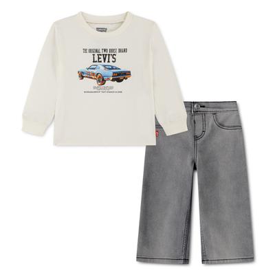 Shirt & Hose LEVI'S KIDS "LVB CAR LS & DENIM SET", Jungen, Gr. 9M74, weiß (levi's egret), Jersey, Obermaterial: 60% Baumwolle, 40% Polyester. Obermaterial 2: 70% Baumwolle, 28% Polyester, 2% Elasthan, bedruckt, KOB Set-Artikel, mit coolem Autoprint,...