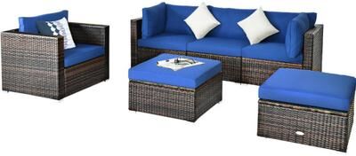 Costway 6 Pcs Patio Rattan Furniture Set with Sectional Cushion-Blue