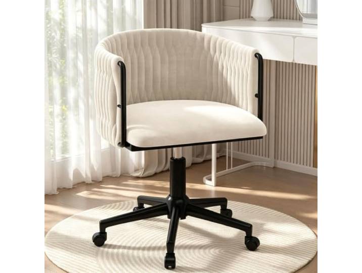 Verstellbarer Samt-Waschtischstuhl Mit Metallgestell, 360° Drehbar Ergonomischer Stuhl mit gebogener Rückenlehne, geeignet for Ankleiden, Büro und Maniküre(Black Legs,Beige)
