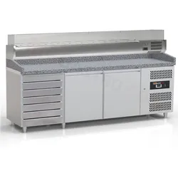Big-Gastro Pizzakühltisch - Pizzatisch mit 2 Türen und 7 Schubladen inkl. Glaskühlaufsatzvitrine für 1/4 GN Behälter - IDEAL graue Granitarbeitsplatte