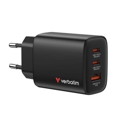 Verbatim Essentials GaN Charger 65W 2xUSB-C/1xUSB-A schwa. 32352