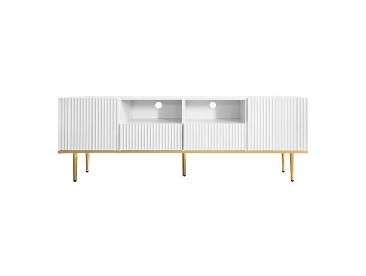 Meuble TV moderne – Blanc et doré – 2 tiroirs 2 portes et 2 niches ouvertes – 165 cm