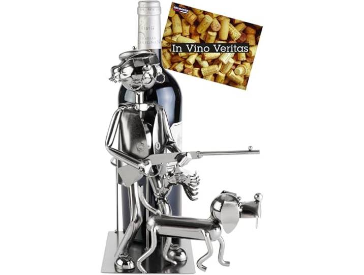 BRUBAKER Wijnfleshouder Jager met Jachthond - Metalen Flessenhouder - Jachtcadeau Metalen Figuur met Hond - Wijncadeau Flessenhouder met Cadeaukaart - Kleur: Zilver