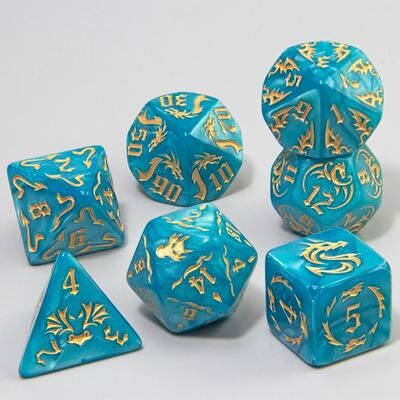Useful Little Things 7 Pcs Dragon Pattern Dice Set Marble Polyhedral D4 D20 Dice For DND RPG Tabletop Board Games sky Blue