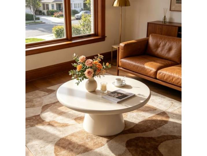 YPDOPORA Crema Weißer Runder Couchtisch,Couchtisch aus Holz Moderner Minimalistische Wohnzimmertisch mit stabilem Sockel für kleine Wohnzimmer,Einfache Montage