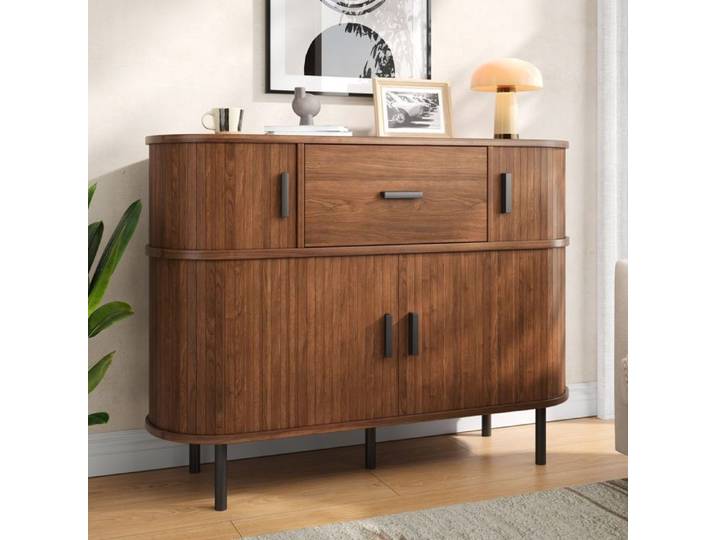 WUVRIE Buffet bas 110 cm avec portes coulissantes tiroir central MDF finition noyer