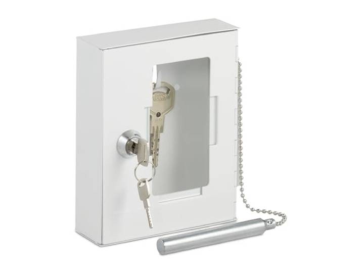 Relaxdays Boîte à clés d'urgence\, avec vitre de Verre\, Marteau Brise-Glace et 2 clés\, verrouillable\, métal\, Blanche