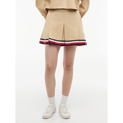 Minirock TOMMY JEANS "TJW RWB TAPE MINI SKIRT", Damen, Gr. 31, beige (gentle gold), Web, Obermaterial: 100% Baumwolle, unifarben mit Farbeinsatz, kurz, Röcke Minirock, Baumwolle
