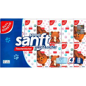 Gut&Günstig Taschentücher sooo sanft, Designedition, Päckchen, Zellstoff, 4-lagig, weich & sicher, je 10 Tücher, 42 Stück