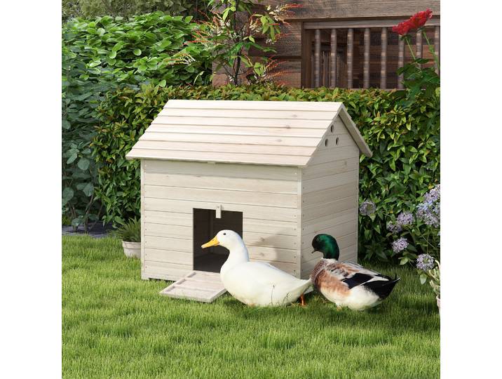 PawHut Abri pour canards maison pour canards avec toit ouvrant ventilation et porte-rampe 100 x 82,5 x 91 cm bois naturel