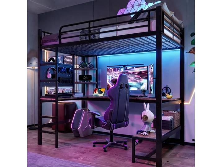 Lit mezzanine 90x200 cm avec bureau et rangements cadre métal deep black