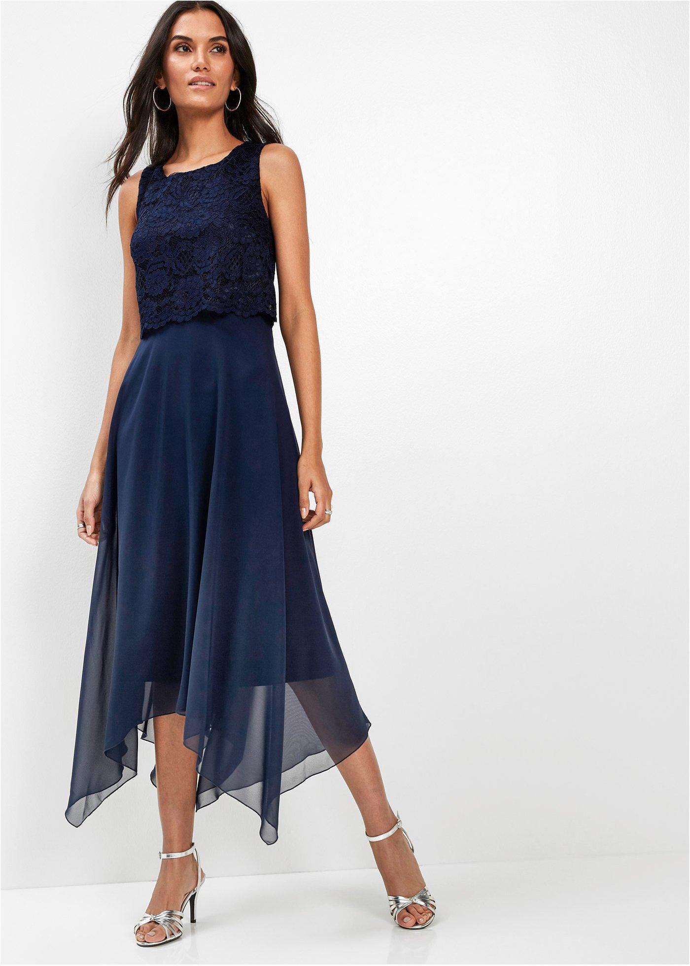bonprix Premium Chiffonkleid mit Spitze, blau, Gr.40, Elegantes Abendkleid mit Spitzenoberteil und Zipfelrock