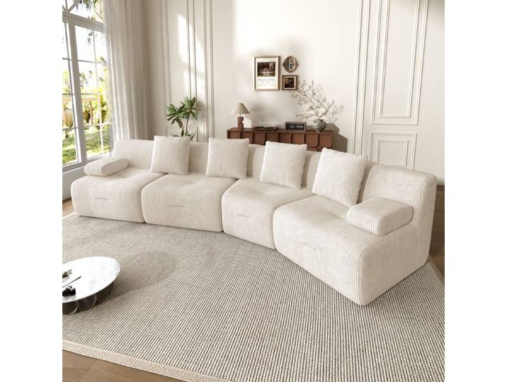 Canapé compressé au design épuré 311×90×65cm quatre places tissu velours côtelé combinaisons libres aucun montage requis beige