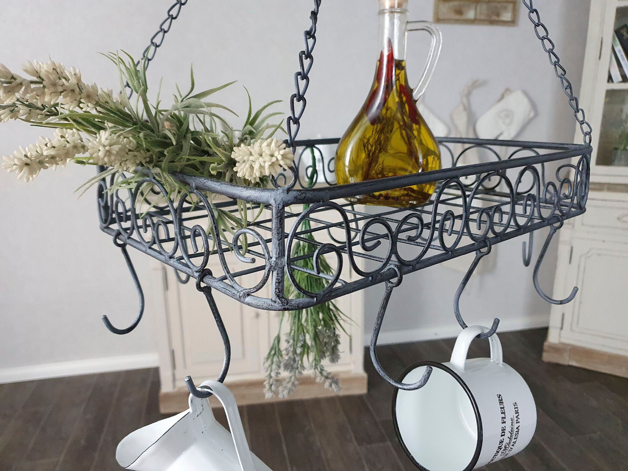 Hängekorb AMBIENTE HAUS "Topfhänger aus Eisen in Grau - (B) 45 cm", grau, B:45cm H:55cm T:31cm, Eisen, Aufbewahrungsboxen, Hängekorb grau Einheitsgröße