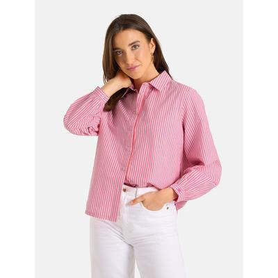 Hemdbluse LIEBLINGSSTÜCK "LiaL", Damen, Gr. 38, pink (lovely pink), Web, Obermaterial: 100% Baumwolle, gestreift, hüftbedeckend, 1-Knopf-Manschette, Blusen Hemdbluse, mit gerafften Ärmelenden mit Knopf, Baumwolle