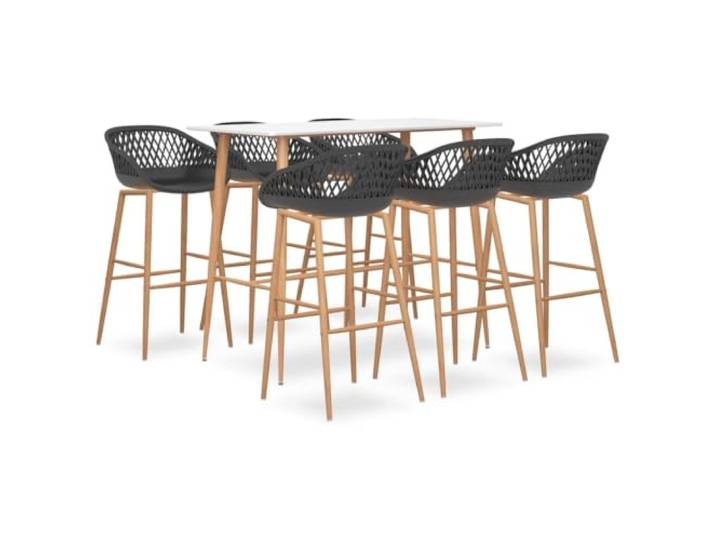 HKQWPBF 7-TLG. Bar-Set Weiß und Grau MDF-Tischplatte, Metallbeine in Holzoptik, PP-Barhocker, Netz-Optik, 110 kg pro Sitzplatz