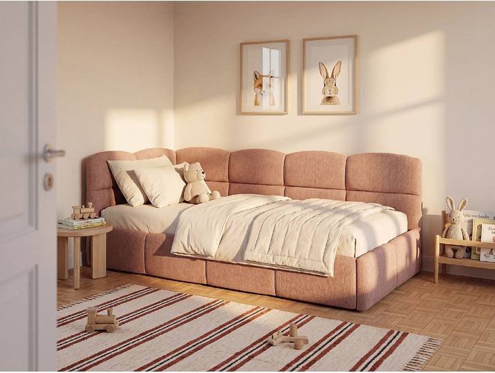 Ausziehbares Bett 2 x 80 x 200 cm - Mit ausziehbarem Lattenrost - Strukturierter Stoff - Rosa - PLURANIO