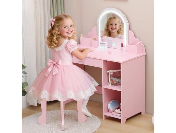 Coiffeuse pour Enfants avec Miroir Lumineux Et Tabouret Bureau pour Enfants avec Etagères De Rangement Ouvertes-rose