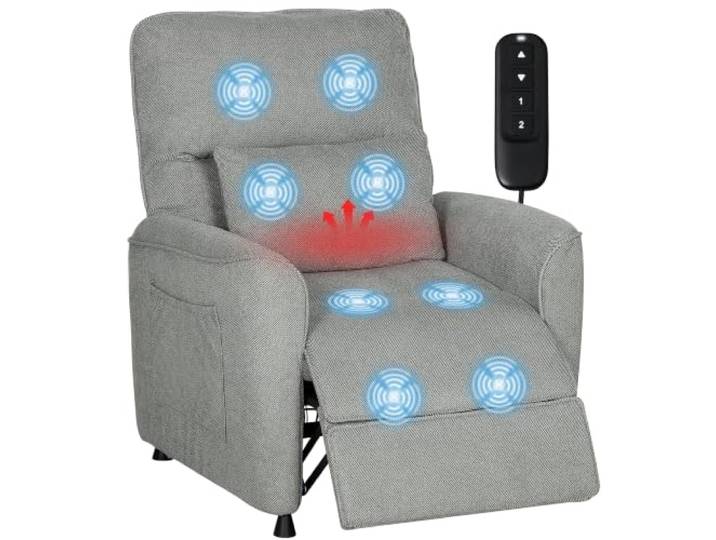 HOMCOM Relaxsessel Fernsehsessel Elektrisch mit Liegefunktion, Heizung Massagesessel, Memory-Funktion, Lendenkissen, Chenille-Optik, Seitentaschen, 2 Fernbedienungen, Leisem Motor, USB-Anschluss