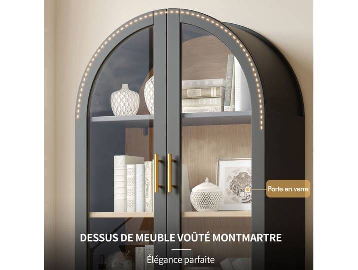 ULEVR Vitrine noire arche Montmartre portes en verre 3 étagères réglables et 2 tiroirs 80 x 40 x 175 cm