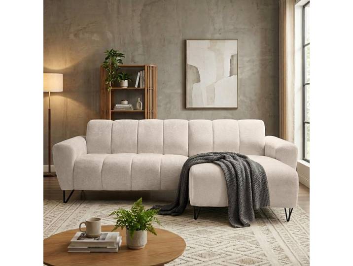 Ecksofa VOLARE MINI L-Form, Ottomane rechts, Chenille Vega in Hellbeige, Sofa ohne Schlaffunktion, dekorative schwarze Metallbeine