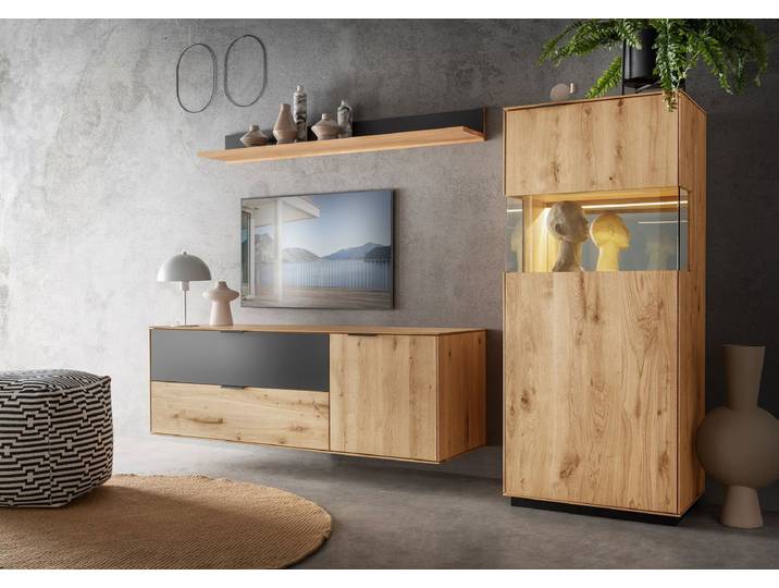 Wohnwand mit Beleuchtung 'Malaga IV ' Wildeiche geölt & Glas anthrazit