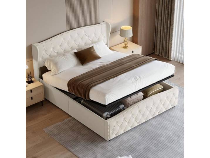 Lit Coffre 140x200 avec Sommier Lit Double Capitonné Lit Adulte avec Rangement Lit Rembourré Sommier à lattes Beige