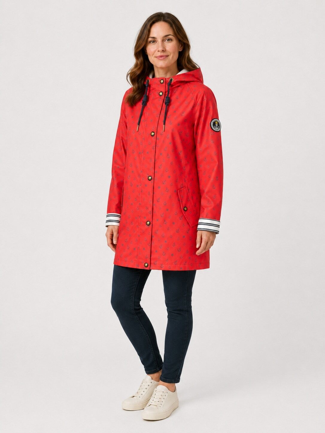 Regenjacke ANKERGLUT "Friesennerz Regenmantel, Longjacket", Damen, Gr. 48 (XL), rot, Web, Obermaterial: 100% Polyurethan. Futter: 100% Polyester, figurumspielend hüftbedeckend, gerader Abschluss mit Druckknopf, Jacken Regenjacke, mit Ankerprint und Streif