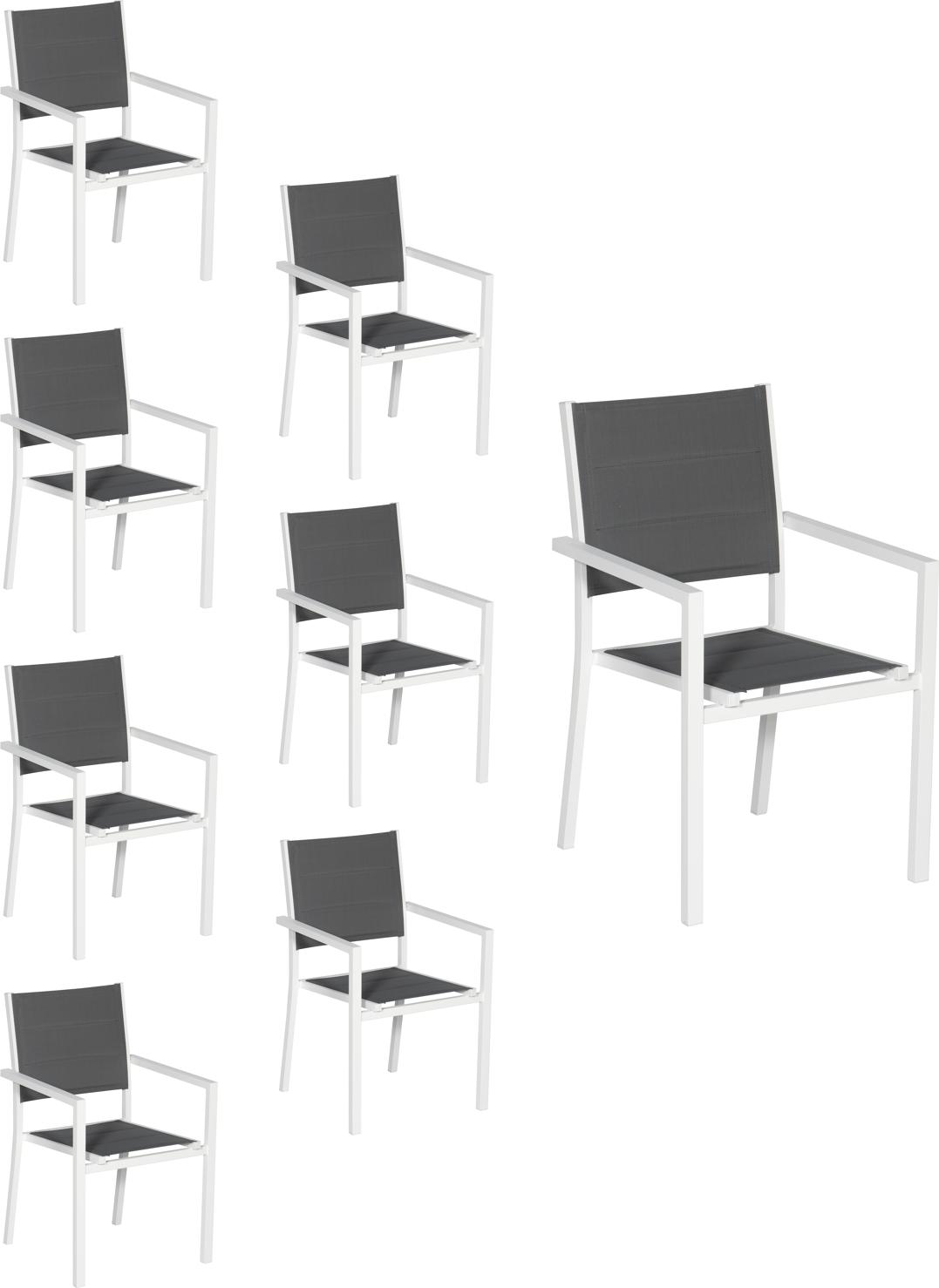 8er Set gepolsterten Stühlen aus weißem Aluminium - graues Textilene