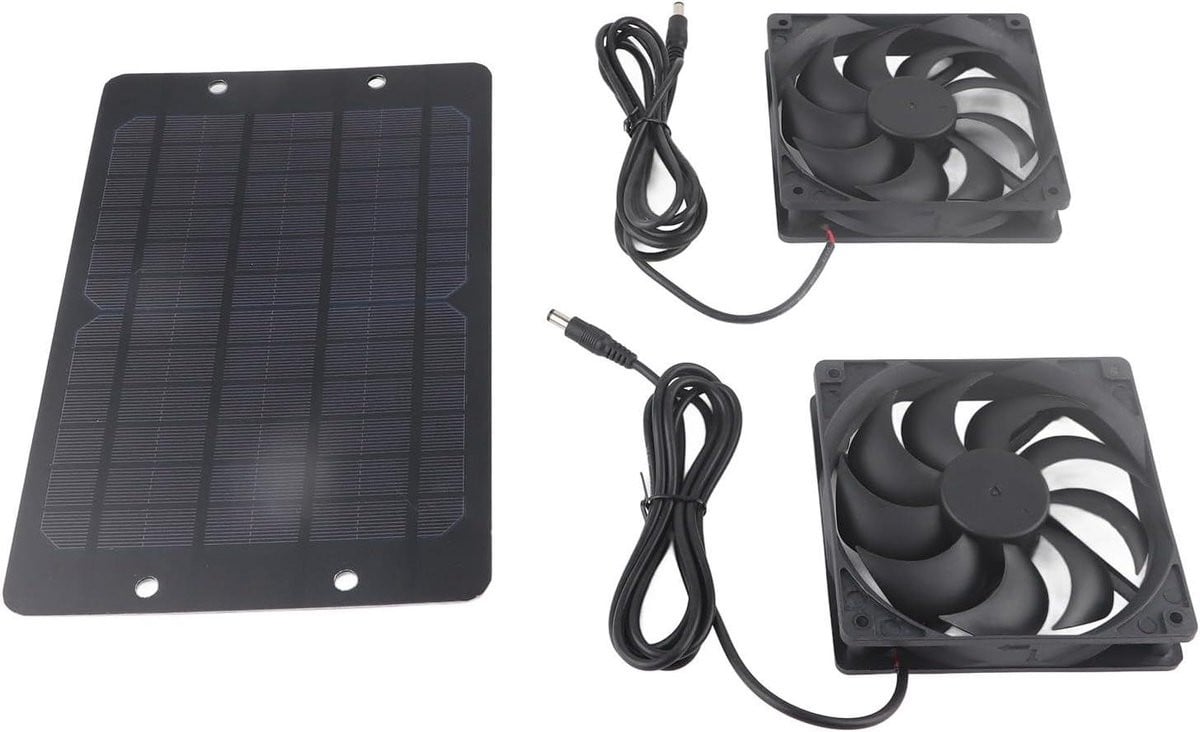 Zonnepaneel Ventilator Kit - Zwarte Dubbele Afzuigventilator Set voor Luchtverbetering Buiten - B/D/H: 31 x 20 x 5 cm