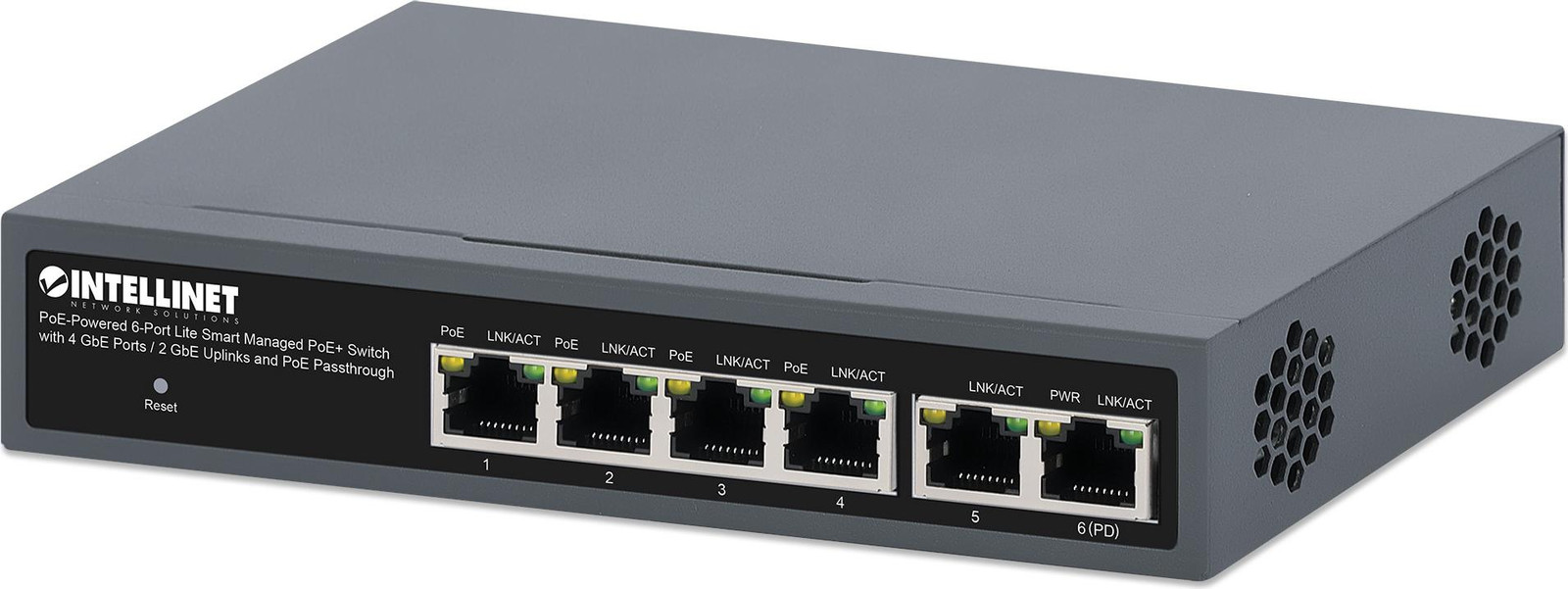 Intellinet 562034 6-Port PoE Powered Gbit PoE+ Switch met Passthrough 60W