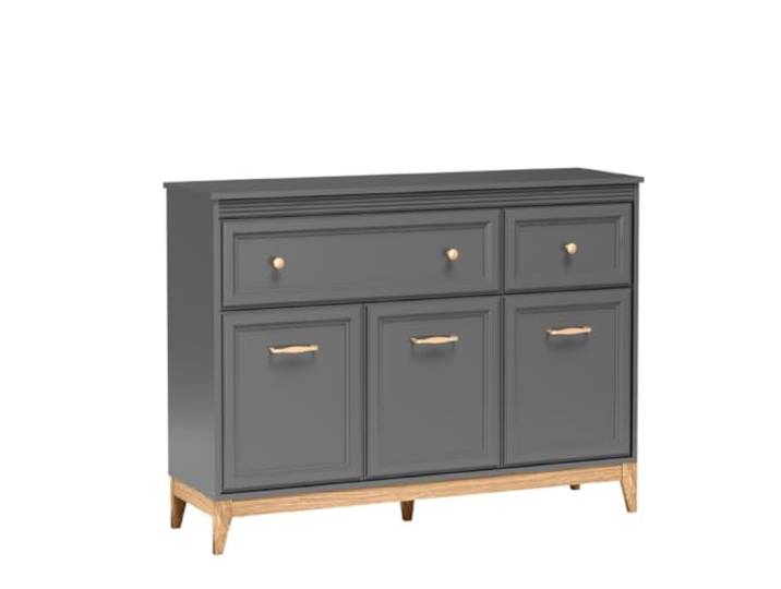 Kommode FARSUND - Grau - Metallgriffe - Holzbeine - Beleuchtung der Tischplatte - 136 x 100 x 41 cm