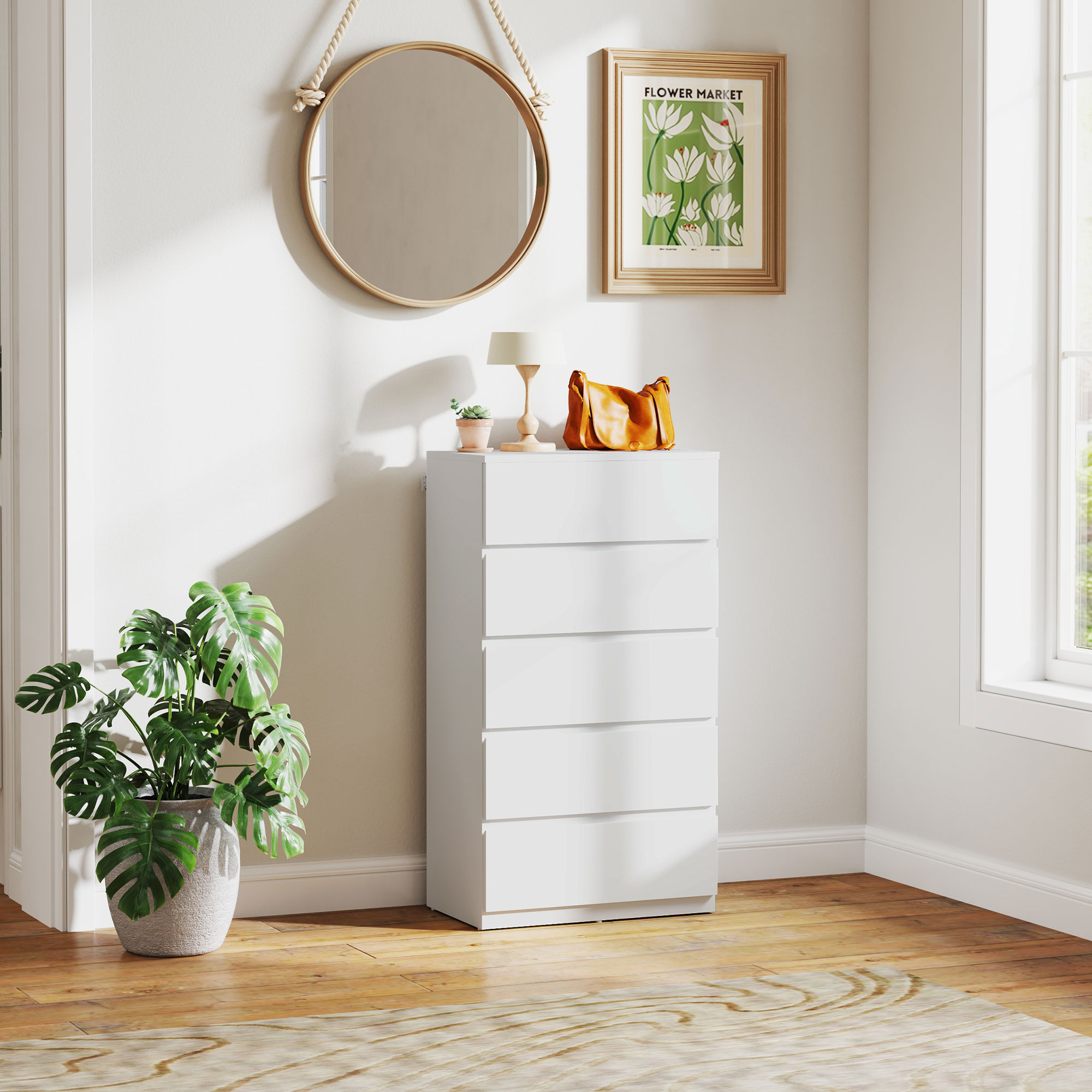 Homcom Cassettiera Sideboard Cassettiera a cassetti, 5 cassetti, 55 cm x 34 cm x 100 cm, Bianco   Aosom Italy