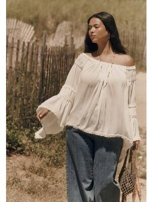 Plus Size Women's Sheer Crinkle Chiffon Off-The-Shoulder Top by June & Vie in Sugar Swizzle (Size 10/12)