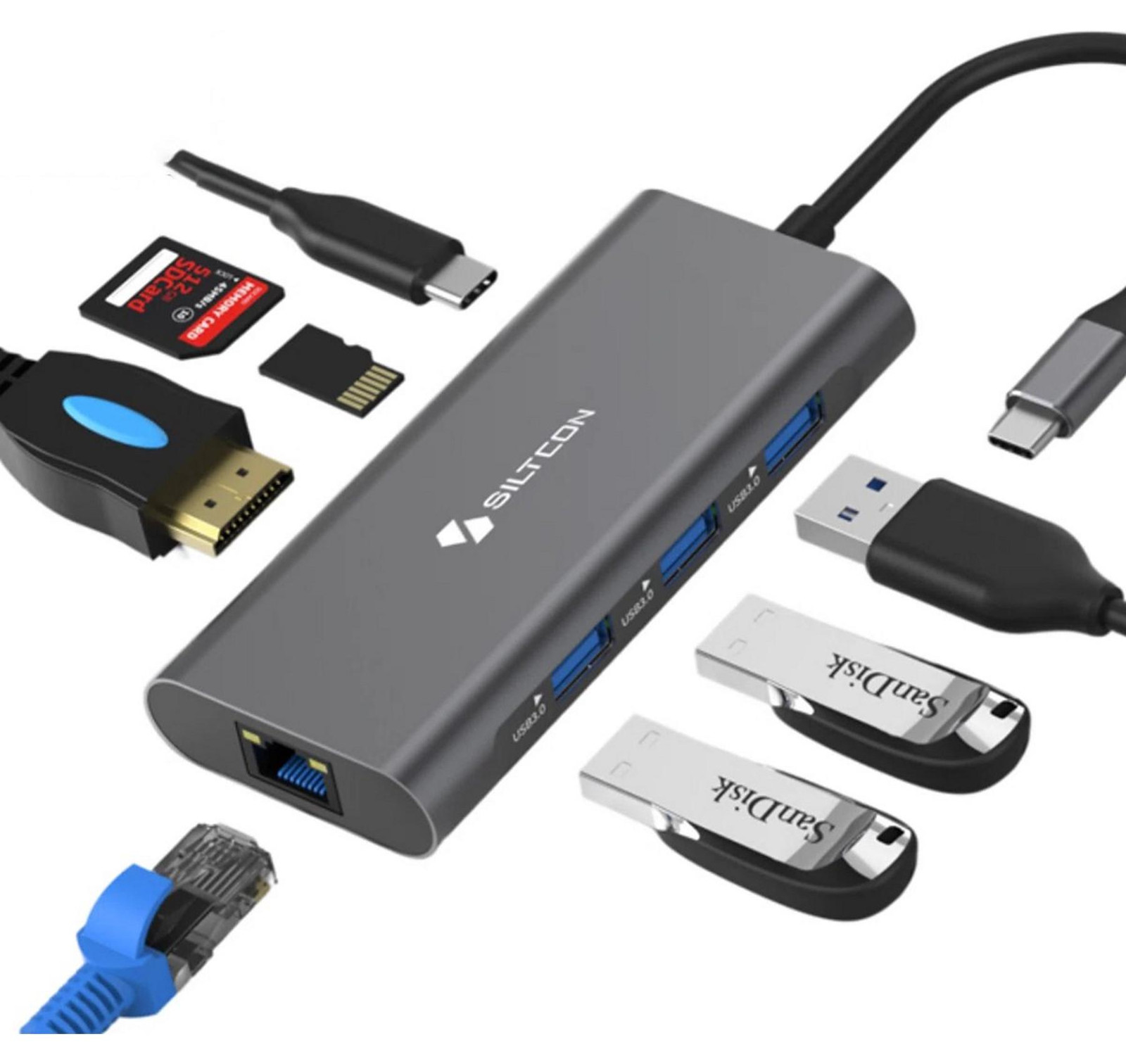 Siltcon 8-in-1 USB C Hub - HDMI 4K 30Hz, 3x USB 3.0, RJ45, SD/TF - Spacegrey