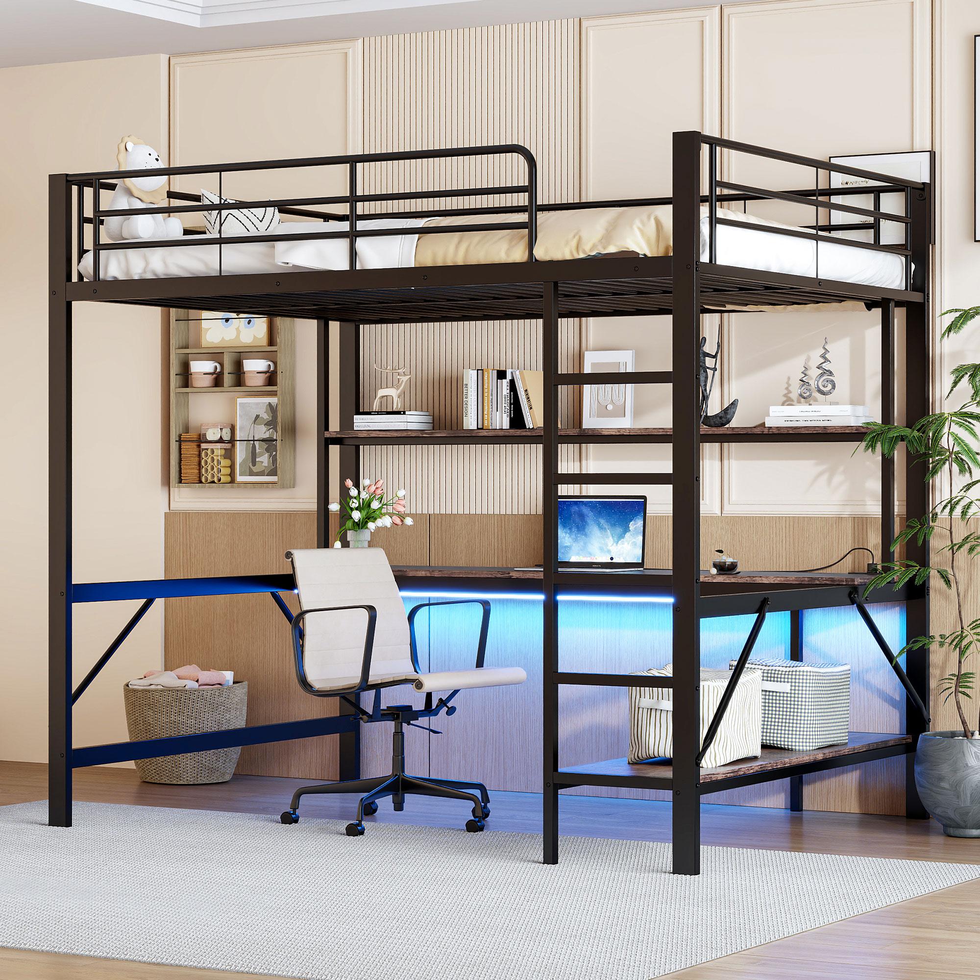 Merax Etagenbett Hochbett 140x200 cm, mit LED-Beleuchtung, USB & Steckdose, Schreibtisch & Regal, Metallgestell, Kinderbett Stockbett, Schwarz