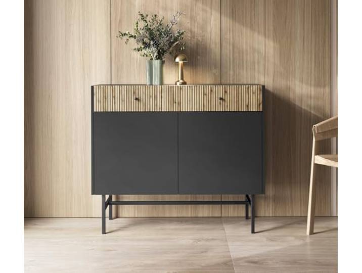 4ALL HOME Kommode VIO 104,4/155 cm - Kommode mit Schubladen - 2/3 Türen - 2/3 Schubladen - Sideboard - Schrank - Bestellschrank - Aufbewahrungsschrank - Kommodenschrank (Schwarz + Lamellen, 104,4 cm)