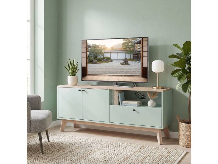 HOMCOM Meuble TV 120cm Vert 2 Portes Tiroir pour 36