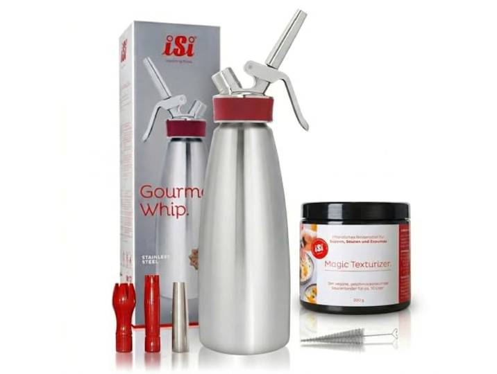 iSi Sahnespender 1l Edelstahl – Profi Sahnesyphon für Schlagsahne & Espuma – Gourmet Whip inkl 3 Tüllen & Reinigungsbürste – Sahnesiphon Flasche + Magic Texturizer