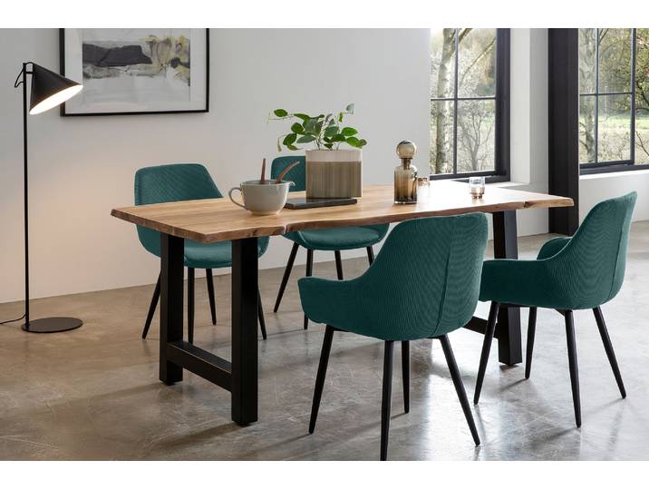 Essgruppe SALESFEVER Elegante Essgruppe für stilvolles Speisen , grün (natur, grün, schwarz, grün, schwarz), Cord, 160,85, Massivholz, Metall, Polyester, Sitzmöbel-Sets, Essgruppe, 5-teiliges Massivholz-Set, geölt und doppelt gewachst