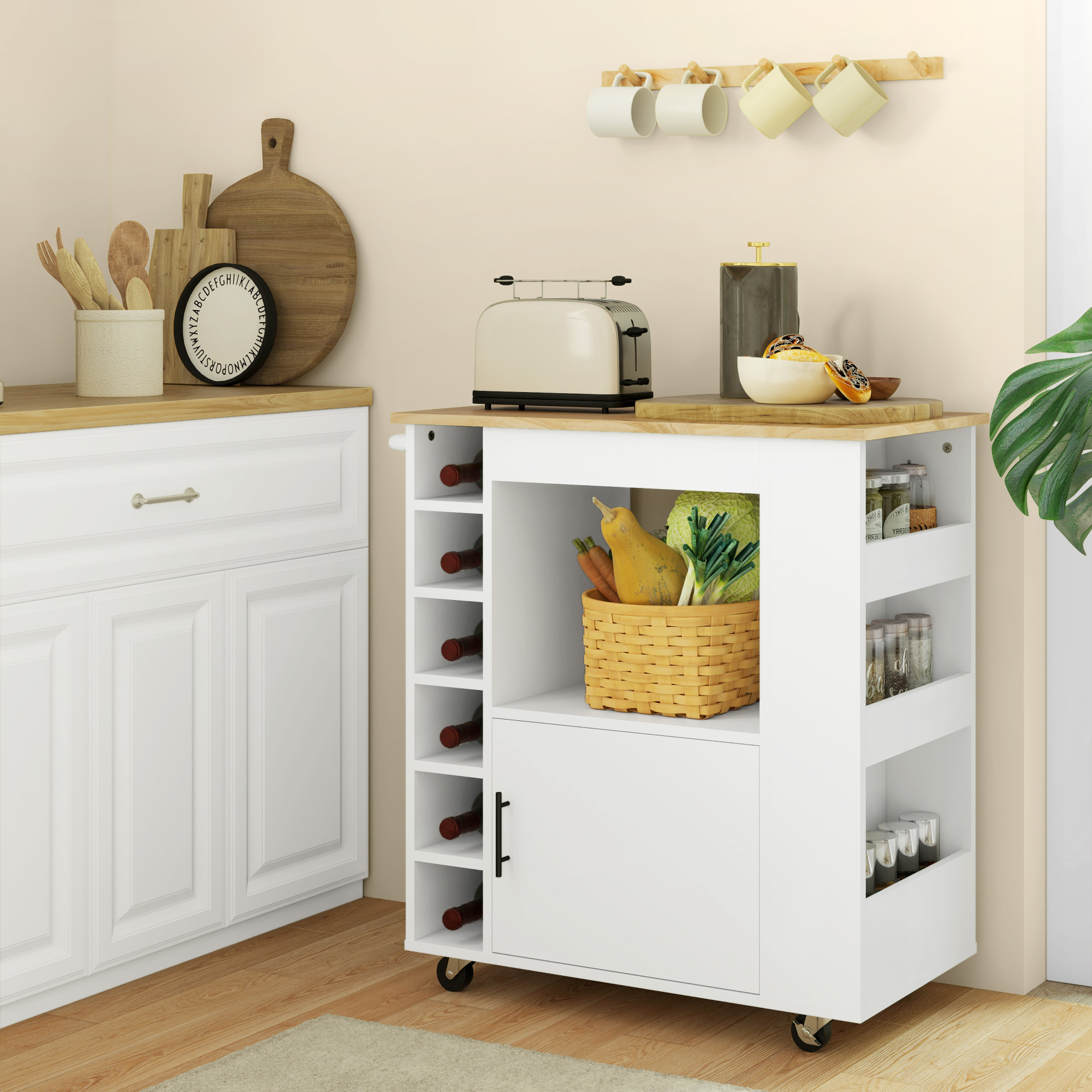 Homcom Carrello da Cucina con Ruote, Ripiani, Armadietto e Portabottiglie, 83x40x83 cm, Rovere