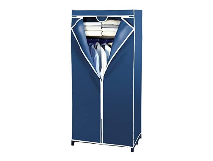 WENKO Armoire en Tissu Air Penderie Stable en Tissu avec étagère et Tringle Fermeture éclair sur Toute la Hauteur Structure métallique Robuste Charge 10 kg Polyester 75x160x50 cm Bleu