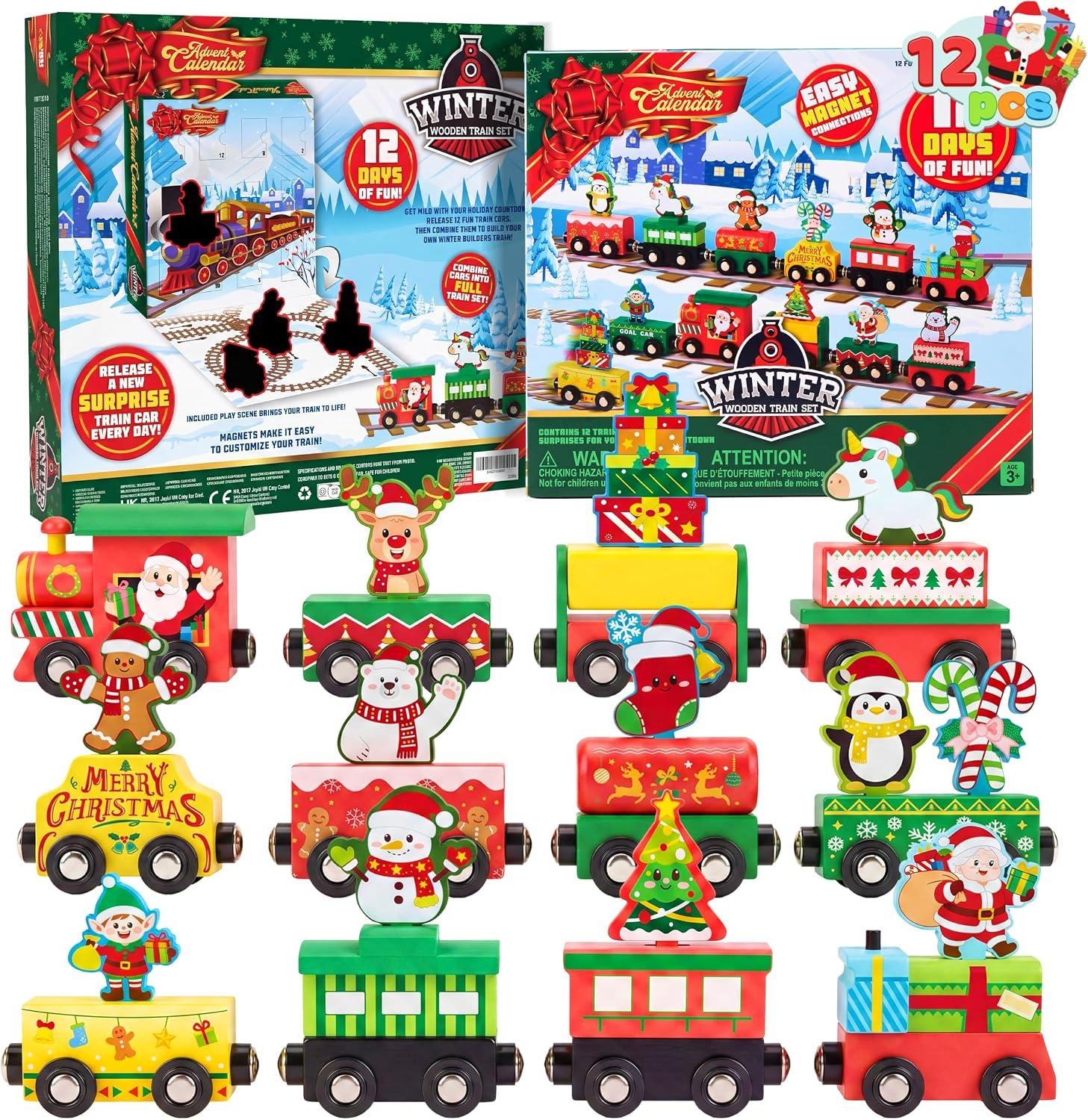 oCreon Adventskalender met 12 Magnetische Houten Treinwagons voor Kinderen