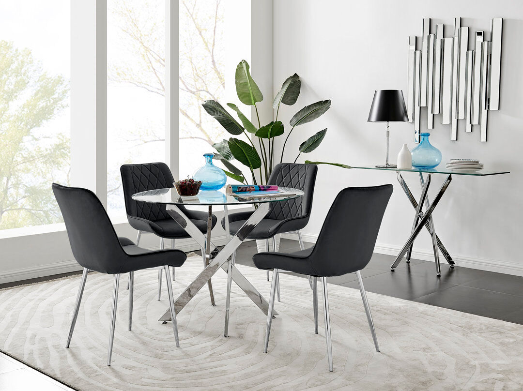 Canora Grey Tierra Modern Metal & Glass Round Dining Table Set with 4 Luxury Velvet Dining Chairs Black/Silver 4